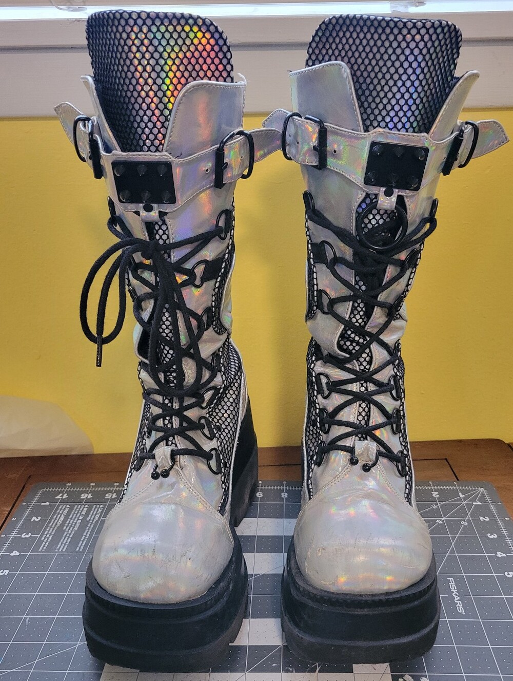 Demonia Shaker Holographic Silver Fishnet Platform Goth Boots